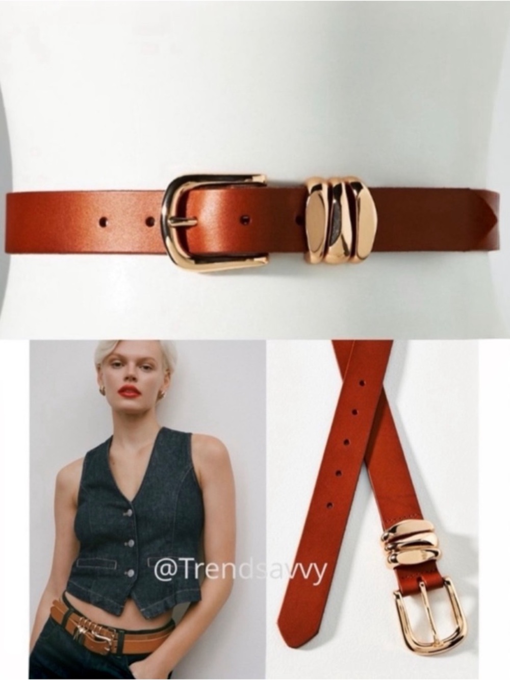 ANTHROPOLOGIE Structured Keeper Belt Brown Leather Gold Buckle Size XL NWT